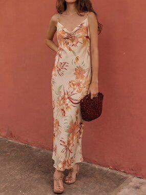 Cream Floral Slip Maxi Dress with Peach & Coral Blooms